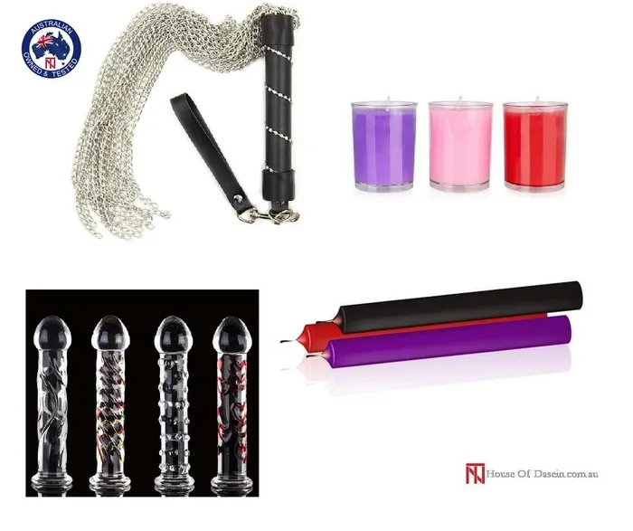 Sensation Play Temperature Wax Play Kit Candles Chain Flogger Glass Dildo Kink House of Dasein Dildos