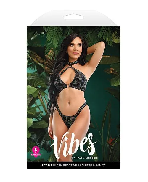 Fantasy Lingerie Vibes Eat Me Flash Reactive Mushroom Print Halter Bralette wThong Black Vibrators