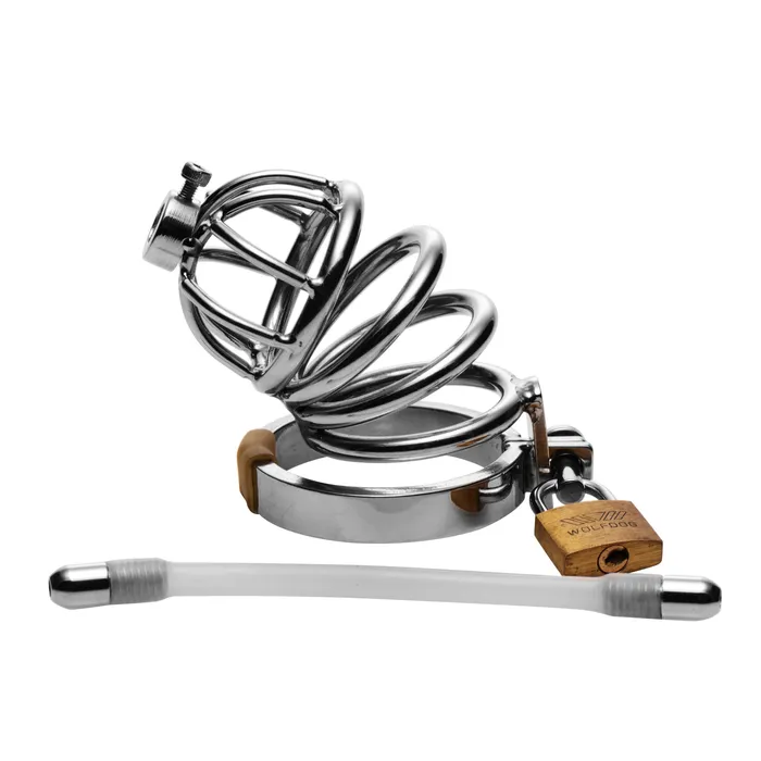 Male Sex Toys Master Series Stainless Steel Chastity Cage with Silicone Urethral Plug