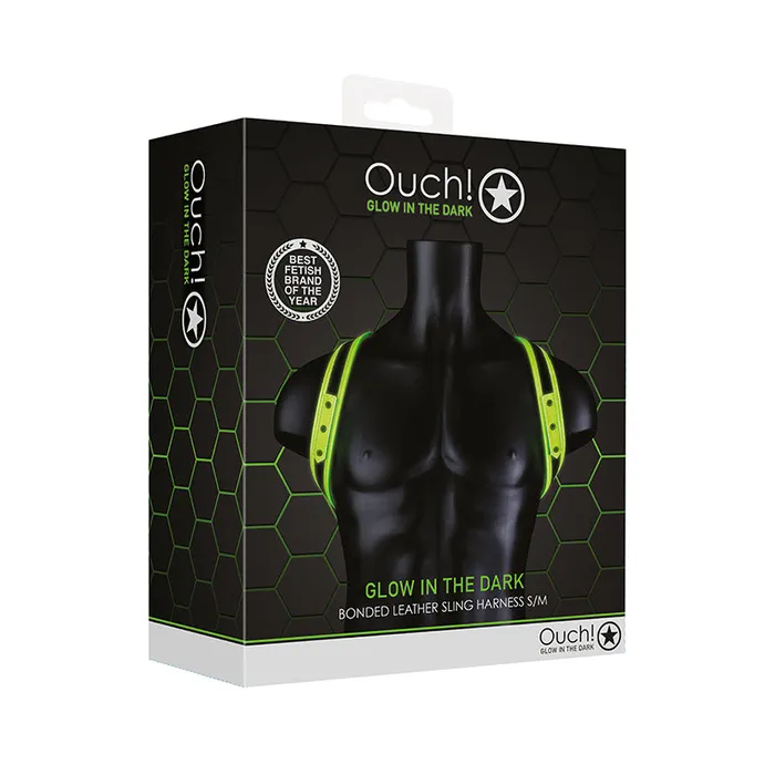 Ouch Glow in the Dark Bonded Leather Sling Harness Neon Green SM Shots America LLC Female Sex Toys