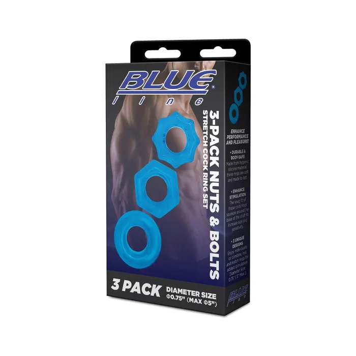Male Sex Toys Blue Line Blue Line Nuts Bolts Stretch Cock Ring Set 3 Pack Blue
