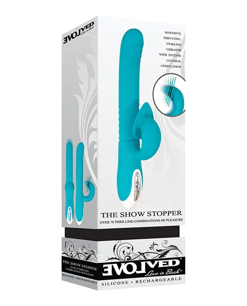 Evolved Show Stopper Rechargeable Silicone Dual Vibrator with Clitoral Stimulator Teal Female Sex Toys