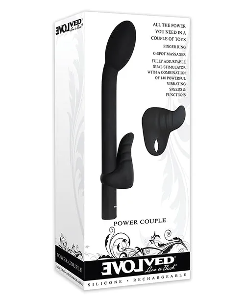 Female Sex Toys Power Couple Rechargeable Silicone GSpot Vibrator with Clitoral Stimulator and Finger Ring Black Evolved
