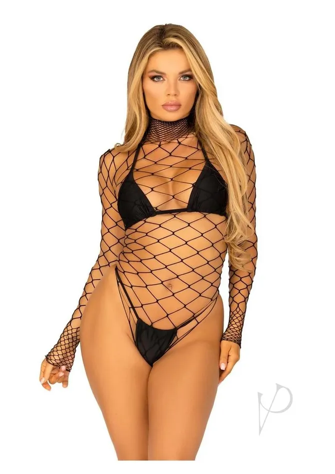 Leg Avenue Leg Avenue High Neck Fence Net Long Sleeved Bodysuit with Snap Crotch Thong Panty OS Black Female Sex Toys Leg Avenue Leg Avenue High Neck Fence Net Long Sleeved Bodysuit with Snap Crotch Thong Panty OS Black Female Sex Toys
