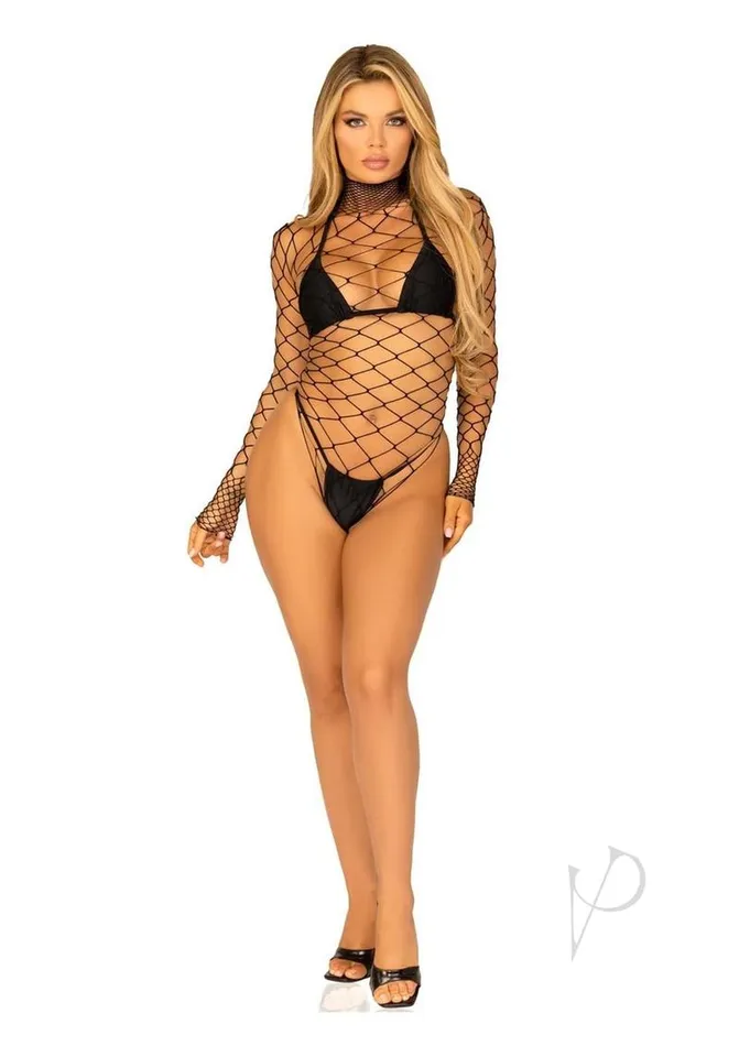 Leg Avenue Leg Avenue High Neck Fence Net Long Sleeved Bodysuit with Snap Crotch Thong Panty OS Black Female Sex Toys Leg Avenue Leg Avenue High Neck Fence Net Long Sleeved Bodysuit with Snap Crotch Thong Panty OS Black Female Sex Toys