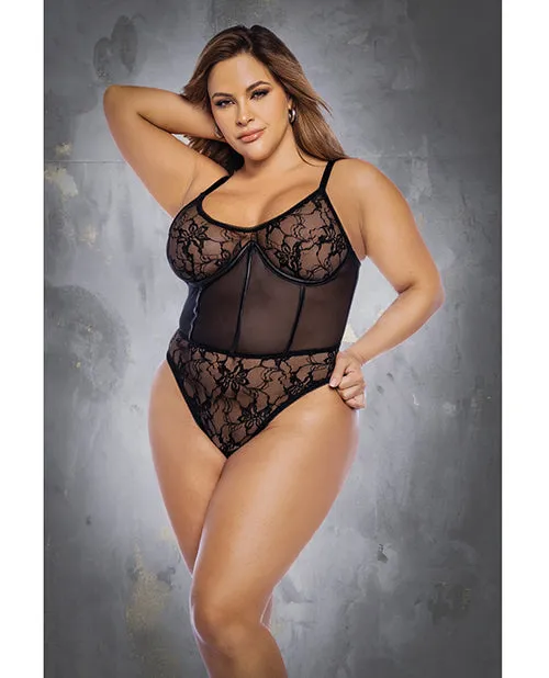 Mapale Anal Floral Lace Mesh Underwire Bodysuit wLace Up Back Black 3X4X