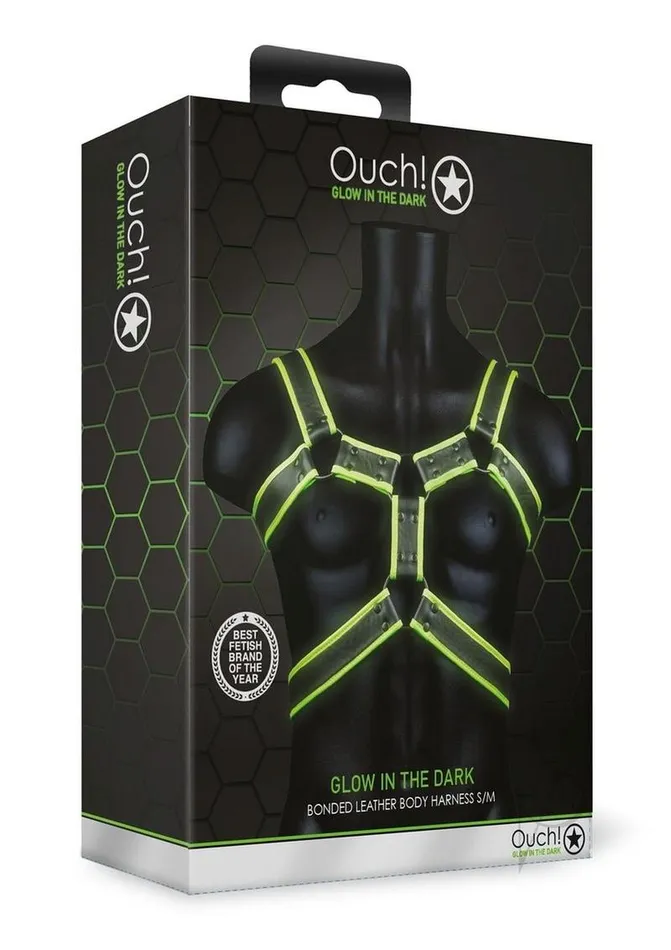 Ouch Ouch Bonded Leather Body Harness Glow in the Dark SmallMedium Green Female Sex Toys