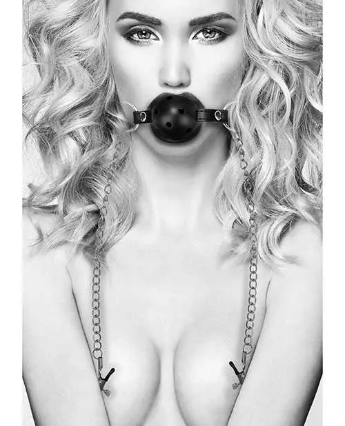 Ouch Ouch Breathable Ball Gag with Nipple Clamps Black Couples Ouch Ouch Breathable Ball Gag with Nipple Clamps Black Couples