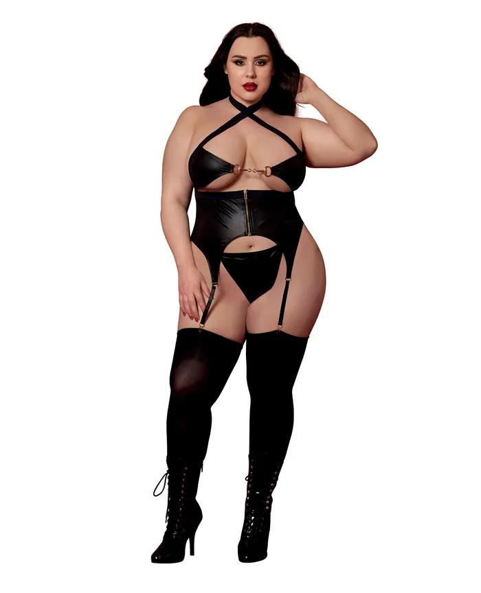 Red Diamond Anal Faux Leather Bustier wGold Details GString 2 pc Set Black QN