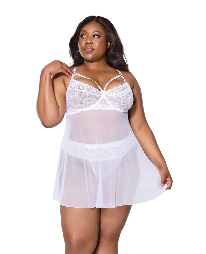 Teddies And Bodies Coquette Scallop Stretch Lace Mesh Babydoll wThong White 1X2X Teddies And Bodies Coquette Scallop Stretch Lace Mesh Babydoll wThong White 1X2X