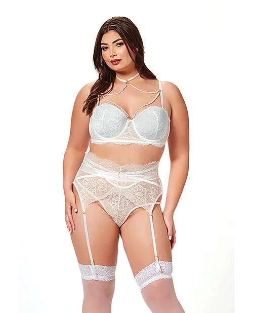 Teddies And Bodies Seven Til Midnight Lace Pearl Bra Garter Belt Thong White 1X2X Teddies And Bodies Seven Til Midnight Lace Pearl Bra Garter Belt Thong White 1X2X