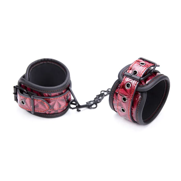 Wild Night Fantasies Restraints Red and Black Patterned Leather Handcuffs