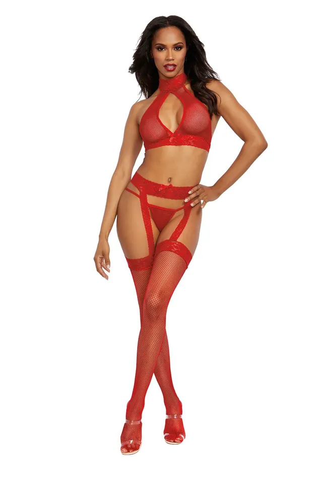 Dreamgirl Teddies And Bodies Bralette Garterhose and GString One Size Rouge