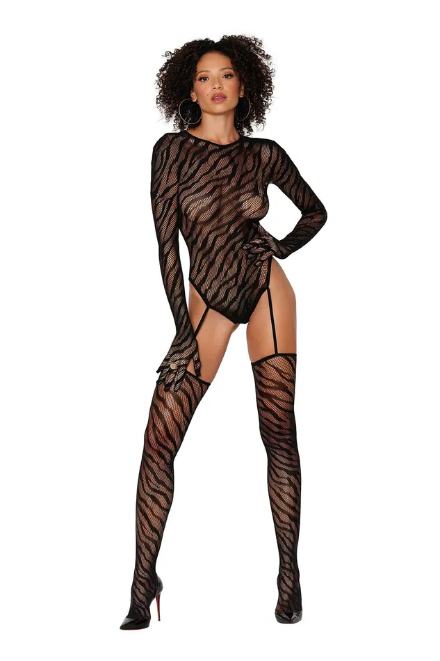 Dreamgirl Teddy Bodystocking With Fingered Gloves One Size Black Bodystockings Playsuits