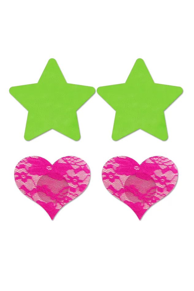 Fantasy Lingerie Dildos Fashion Pasties Set Neon Green Solid Star and Neon Pink Lace Heart