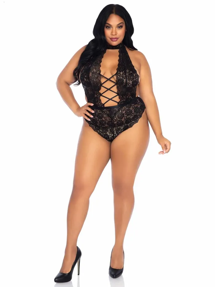 Floral Lace Crotchless Teddy 1x2x Black Leg Avenue Anal