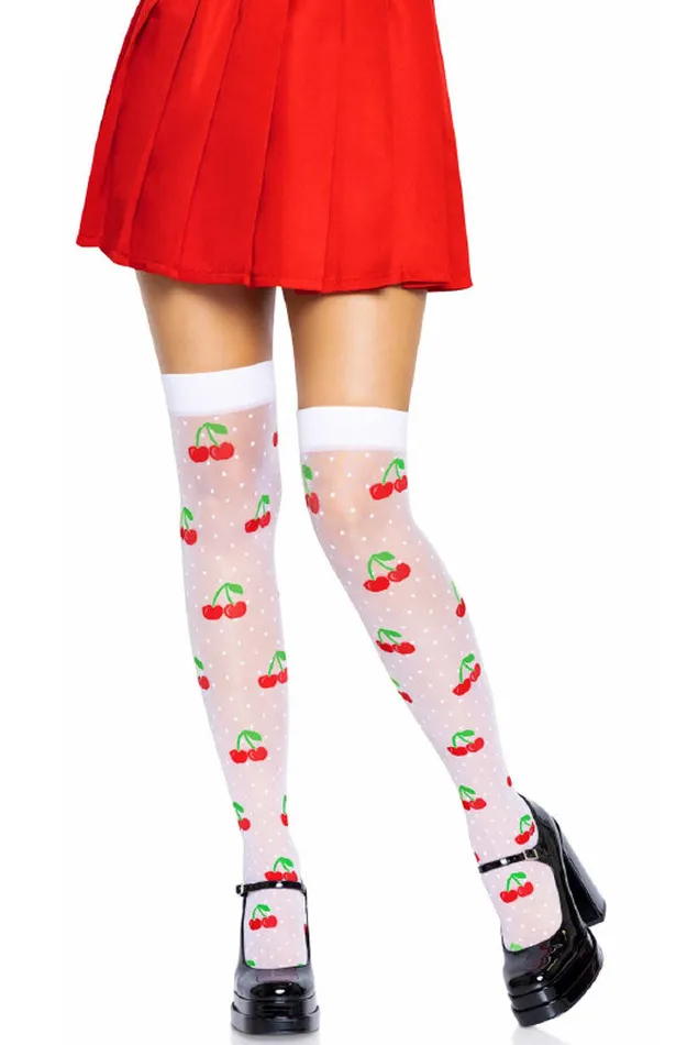 Leg Avenue Vibrators Sheer Polka Dot Cherry Thigh Highs One Size Whitered
