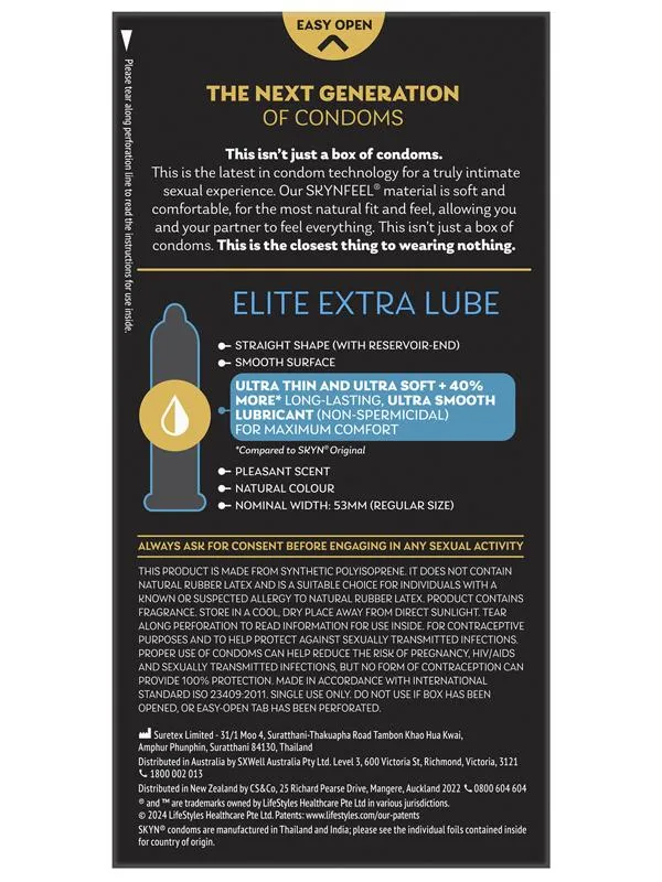 LifeStyles Male Sex Toys Skyn Elite Extra Lubricated 10Pk